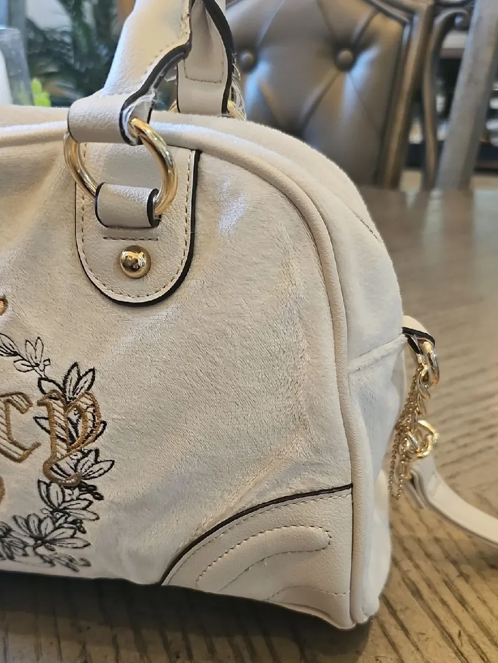 Juicy Couture Cream Embroidered Satchel Crossbody with Gold Accents